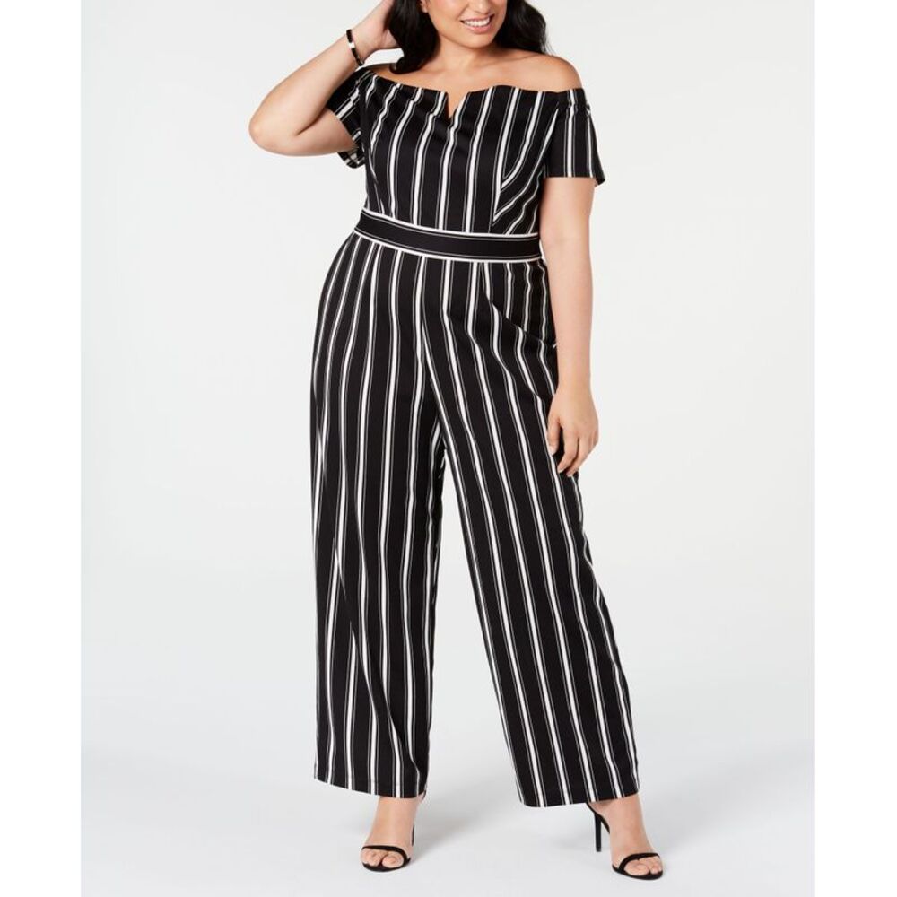 Teeze Me Trendy Plus Size Striped Off The Shoulder Jumpsuit